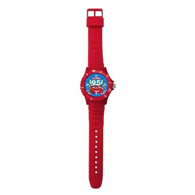 A red digital watch with a blue face featuring a cartoon car character and the number '95'.