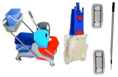 Produktbild von CleanSV® Wischset PE Laschenmop 50 cm Lamo, Ablage + 5 L- Eimer, Reinigungswagen 2 x 18 Liter Eimer, Presse, Deichsel, 1 Laschenmop Halter Lamo, 3 x Laschenmop Baumwolle, Teleskopstiehl
