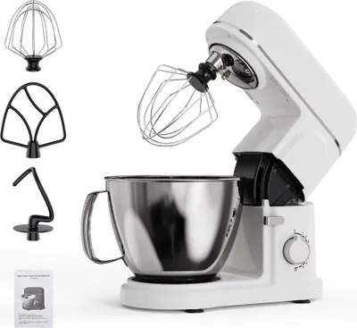 Produktbild von Küchenmaschine 2000W mit 5L Edelstahl-Rührschüssel, inkl. Rührhaken, Knethaken, Schneebesen, Spritzschutz, 8 Geschwindigkeiten, Weiß