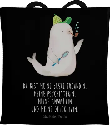 Produktbild von Mr. & Mrs. Panda Stoffbeutel Robbe Sherlock - Schwarz - Geschenk, Einkaufstasche, Schultasche, Tote Bag, Shopping Tasche, Lustige Sprüche, Laptoptasche