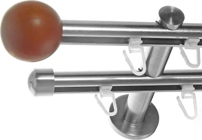 Produktbild von BASIT® Innenlauf Gardinenstange Edelstahl Look 16mm Wandträger 2-läufig modern Kugel Holz H80 E50 E17