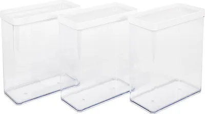 Three clear plastic food storage containers with white lids are arranged side-by-side on a white background.