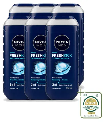 Imagen del producto de 6 unidades de gel de ducha 3 en 1 Nivea Men Fresh Kick - 250 ml - Paquete ahorro - 6 piezas