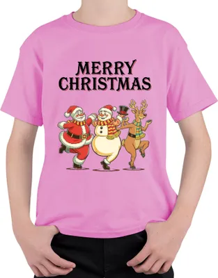 Produktbild von MERRY CHRISTMAS Weihnachtsmann Schneemann Rentier tanzend Vintage Uni Kinder T-Shirt, Pink, 152