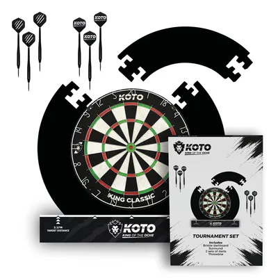 Produktbild von Koto Dartset Tournament Set, schwarz, Borsten, offizielle Maße, 4-teilige Umrandung mit 12 cm Schutz, 2 Sets 23g Darts (robuste Nylonschäfte, Koto Flights), Dartscheiben-Halterung, Wurfleine, drehbarer Nummernring, ideal für Dart-Anfänger.