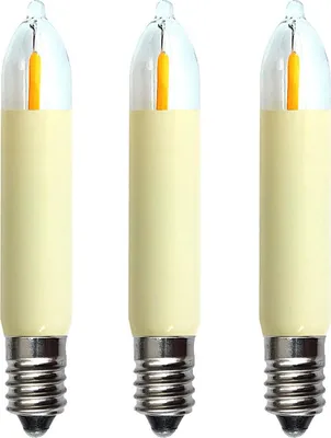 Three LED filament candle bulbs with E10 bases are arranged side-by-side against a white background.