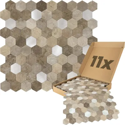 Produktbild von Dalsys Wandpaneele selbstklebend, Hexagon Muster 0,88m², 11 Stück Beige Silber Wandverkleidung feuchtigskeitsbeständig, für Bad und Küche