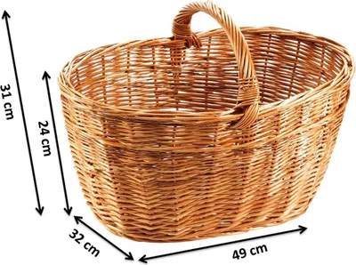 A woven basket with dimensions indicated by measurement lines and text.