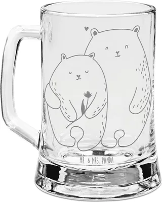 Produktbild von Mr. & Mrs. Panda Bierhumpen Bären Liebe - Transparent - Geschenk, Bierkrug Glas, graviert, Kuscheln, Hochzeitstag, Seidel, Blume, Krug, Freund, Umarmung, Glaskrug