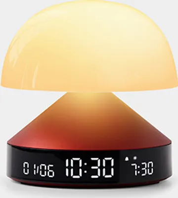 A mushroom-shaped lamp with a digital clock display.
