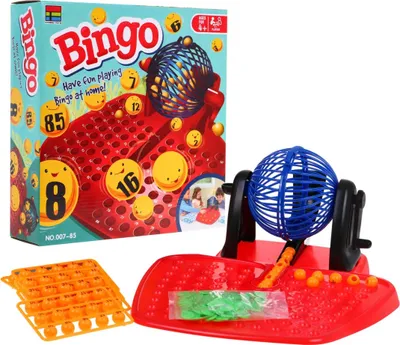 Immagine prodotto di Gioco del bingo per bambini dai 4 anni in su. Lotteria numerica + macchina per l'estrazione con rullo + palline con numeri + gettoni per le carte