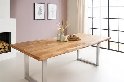 Produktbild von Esstisch Baumkante 200 x 110 cm Akazie Natur U-Gestell silber VALIN
