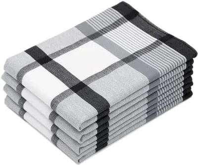 Productafbeelding van PromoHome® Set van 4 katoenen vaatdoeken, 50x70 cm – Hoogwaardige, absorberende keukendoeken – Wasbaar tot 60°C – Zwart ruitpatroon