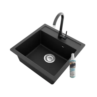 Produktbild von GRANMASTER Horizon Granitspüle mit Wasserhahn 1 Becken mit Siphon, Spüle Arbeitsplatte Küchenspüle mit Wasserhahn, Schwarz Metallic