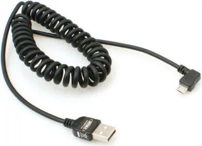 Produktbild von System-S Micro USB 2.0 Spiral Kabel 90 Grad gewinkelt Winkelstecker (links/male) Datenkabel Ladekabel 150cm