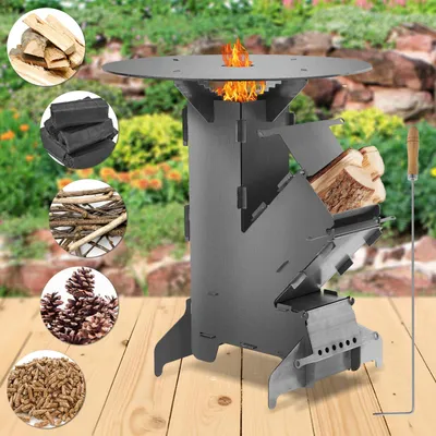Produktbild von Ikodm Raketenofen mit Grillplatte, Steckbarer Outdoor Grillofen aus Kohlenstoffstahl, Campingkocher mit Feuerhaken für Garten Camping Terrasse
