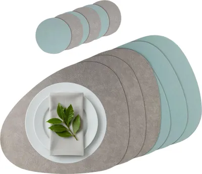 Produktbild von Platzset 6er Set, 2in1 Wende-Tischunterlage Kunstleder oval, Platzdeckchen 40x31cm Nierenform (grau/pastelltürkis) 6er Set inklusive Glasuntersetzer