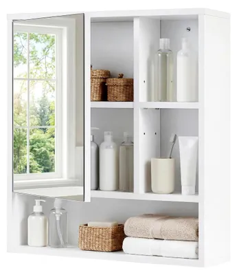 Produktbild von Spiegelschrank mit offenen Fächern und verstellbaren Ablagen, Badezimmerschrank mit Spiegeltür, Hängeschrank für Bad und Wohnzimmer, 55 x 16 x 61 cm (Weiß)