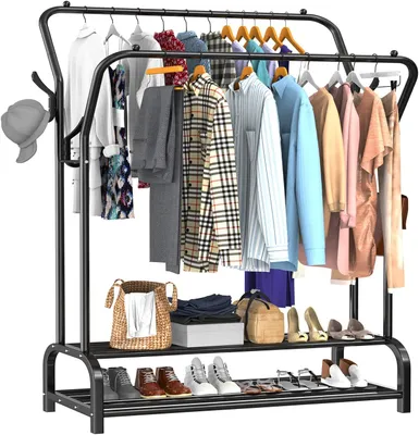 Productafbeelding van Avalo Industrieel Kledingrek Dubbele Stang - Metaal - 110x33x150 CM - Zwart - Opbergruimte Voor Schoenen - Garderoberek Met Haken