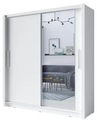 Image de Armoire 2 portes coulissantes avec miroir - 155 cm - blanc - collection OZZULA