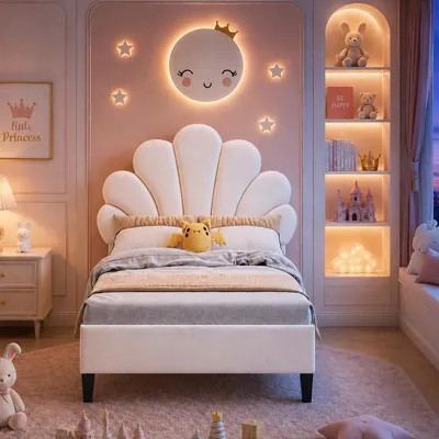 Image de Lit bébé INONEFT, lit matelassé 90x200 cm, lit princesse pour filles, repose-tête réglable en hauteur en forme de coquillage, lit simple avec sommier à lattes, velours beige