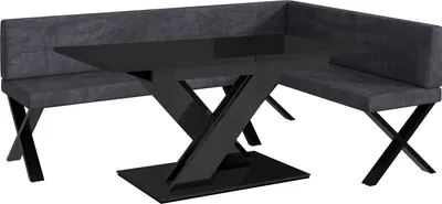 Produktbild von MEBLINI Eckbank für Esszimmer mit ausziehbarem Tisch  - Küchenbank - Essecke - Sitzecke Küche - TONI - X-Beine 142x196x87cm Rechts - Dunkelgrau Samt/B Schwarz Hochgl.