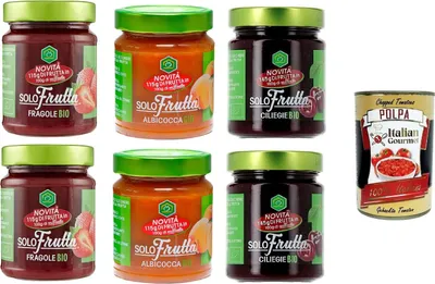 Produktbild von Apicoltura Casentinese Testpaket marmellata Solo Frutta Albicocca, Fragola & Ciliegia Marmelade Nur Frucht Aprikose, Erdbeere und Kirsche 6x295gr + Italian Gourmet Polpa di Pomodoro 400g