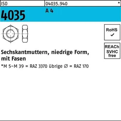 Produktbild von Reyher  niedrige Sechskantmu. ISO 4035 A 4 M 2,5 A 4 (100 Stück)