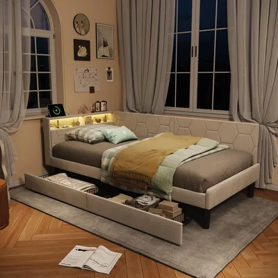 Immagine prodotto di UnboxG Divano letto / letto singolo 90×200 cm beige, letto imbottito in velluto con contenitore, 2 cassetti, testiera LED con USB e Type-C, funzione trasformabile, letto per bambini e ospiti