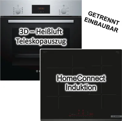 Produktbild von Herdset BOSCH Backofen 3D-Heißluft Teleskopauszug + Induktionskochfeld Booster autark 60cm