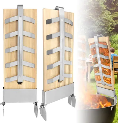 Image de YARDIN 4-Set Planches à saumon à flamber avec support en acier inoxydable Planches à saumon à flamber 5 niveaux Réglable Pour griller pour bac à feu Wood Board Outdoor Grill Planche en cèdre Flame Salmon Board