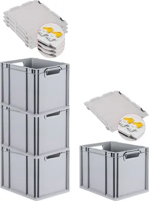Produktbild von SuperSparSet 4x Eurobox NextGen Economy mit Scharnierdeckel und gelben Schiebeschnappverschlüssen | Griffe offen | HxBxT 32x30x40cm | 30 Liter | Eurobehälter, Transportbox, Transportbehälter, Stapelbehälter