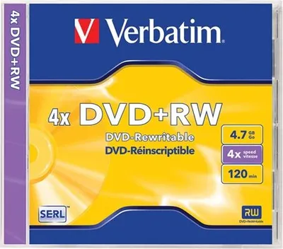 The image shows the packaging of Verbatim DVD+RW discs.