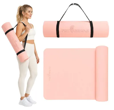 Zdjęcie produktu dla Mata do ćwiczeń, pilatesu, jogi, fitness, 183 x 61 x 1 cm, gruba, mata sportowa do domu, na siłownię, z paskiem, brzoskwiniowa