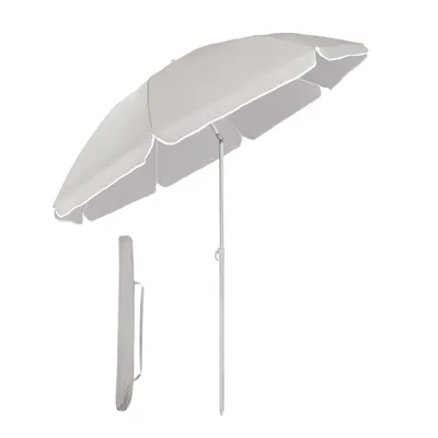 A light gray beach umbrella with a white trim is shown open, with its pole extended. A matching gray carrying case is positioned to the left of the pole. The background is plain white.