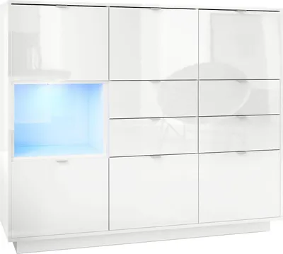 Produktbild von Vladon Highboard Sideboard Metro V2, Germany, Korpus in Weiß Hochglanz / Fronten in Weiß Hochglanz mit Einsatz in Weiß Hochglanz, inkl. LED Beleuchtung