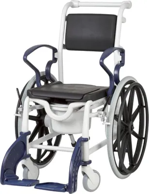Produktbild von FabaCare Dusch- Toilettenrollstuhl Venedig, Premium Toilettenstuhl 24 Zoll, Rollstuhl mit WC Eimer, Grau-Blau