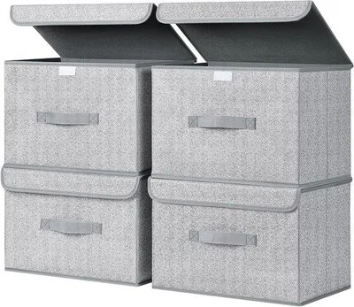 Image de Lot de quatre rangements pliables gris avec couvercle et fenêtre transparente