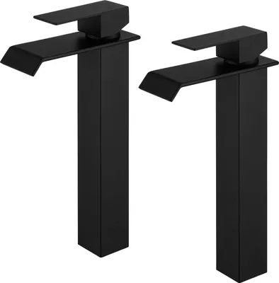 Produktbild von 2x Badarmatur Schwarz Waschbecken Armatur Wasserfall Mischbatterie Waschtischarmatur Einhandmischer Schwarzer Wasserhahn für Badzimmer Hoch
