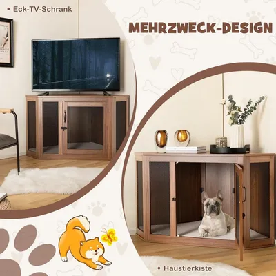 Produktbild von Eck-Haustierkiste Hundezwinger-Endtisch mit Gittertür & Kissen 114 x 59 x 67 cm Braun
