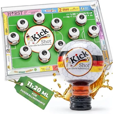Produktbild von KICK SHOT - Kräuter-Likör im tollen Fußball Formfläschchen. Der kleine Likör für große Fußballfreunde 11 x 20 ml = 220 ml. Das perfekte Geschenk für große Fußballfreunde.