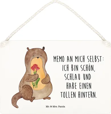 Produktbild von Mr. & Mrs. Panda Schild Otter Blumenstrauß DIN A5 - Weiß - Geschenk, Positiv, Süß, Holzschild, Selbstliebe, Türschild, wandtafel, holzbild, Achtsamkeit, Selbstvertrauen