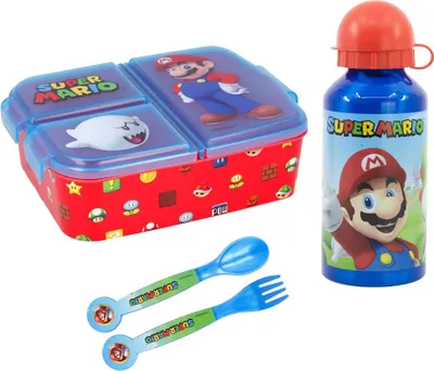 Produktbild von Super Mario Luigi Kinder 4 teiliges Set Brotdose - Gabel Löffel Alu-Trinkflasche
