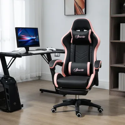 Produktbild von SUGIFT Schreibtischstuhl Racing-Style, Bürostuhl Gamingstuhl mit Kopfstütze und Lendenstütze, Kunstleder, Schwarz+Rosa | 15 kg | 65 x 65 x 129 cm