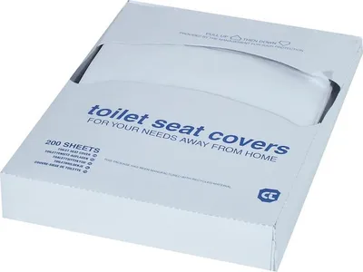 Weiße Verpackung mit 200 Einweg-Toilettensitzbezügen, Aufschrift 'toilet seat covers for your needs away from home '