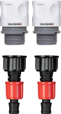 Produktbild von HOLZBRINK Set zum Anschluss von Tropfschlauch 16mm an den Wasserhahn: 2x Schnellanschluss 20mm, 2x Verbindung TT 20mm auf 16mm