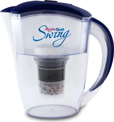 A clear plastic water filter pitcher with a blue lid and handle, containing a filter cartridge filled with black granules and smaller colored beads.