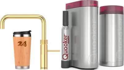 Produktbild von QUOOKER FUSION SQUARE Festauslauf 24 Karat Gold COMBI B mit CUBE 2 (22FSGLDCUBE) 100°C Kochendwasserhahn mit Trinkwassersystem Inklusive Thermobecher
