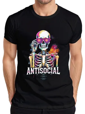 Zdjęcie produktu dla Koszulka męska z nadrukiem „Antisocial Skelett Herzbrille Totenkopf“ – kolorowa, w stylu retro na Halloween, czarna, rozmiar M