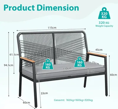 Image de Banc de jardin en résine tressée - Banc d'extérieur pour 2 personnes - Structure métallique - Coussin d'assise de 8 cm d'épaisseur - Pour terrasse et jardin - Noir et gris